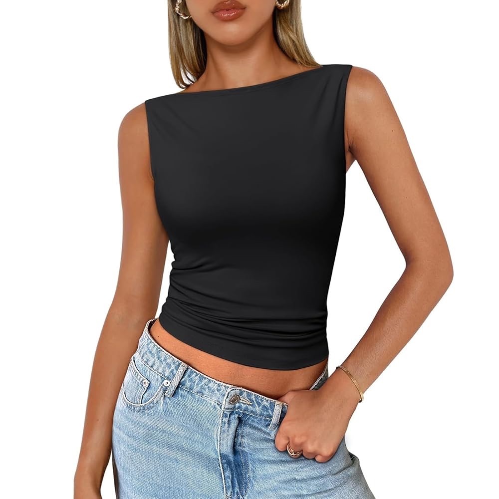 Boatneck Black Sleeveless Top